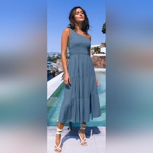 Merokeety Dusty Blue One Shoulder Midi Dress